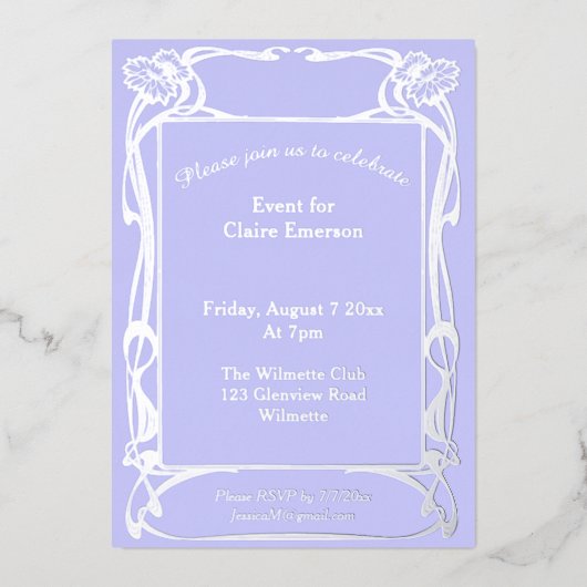 エレガントなアールヌーボー フラワーフレーム ホイル招待状 箔招待状 (正面)