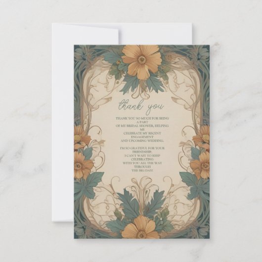 エレガントなアールヌーヴォー・スタイルの花のウェディングシャワー フォト サンキューカード (正面)