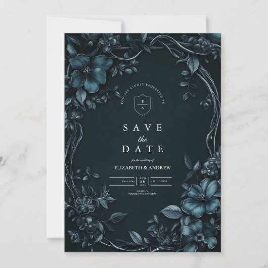 エレガントなアールヌーヴォー・スタイルの花のハロウィン・ウェディング セーブザデート (正面)