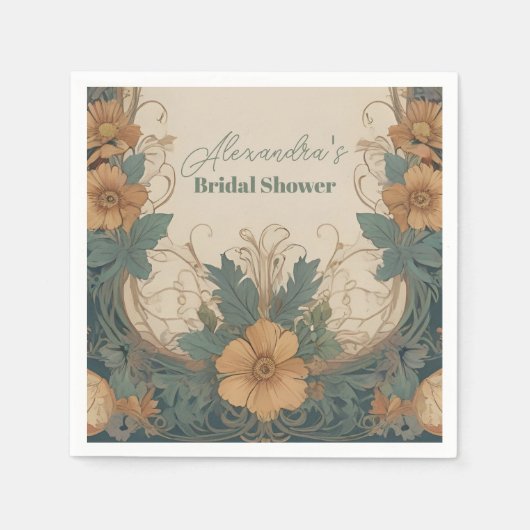 エレガントなアールヌーヴォー・スタイルの花をテーマにした美しいブライダルシャワー スタンダードカクテルナプキン (正面)