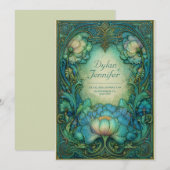 エレガントなアールヌーヴォー ティール フラワー アンティーク ウェディング 招待状 (正面/裏面)