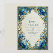エレガントなアールヌーヴォー ティール フローラル ギルド ウェディング 招待状 (正面/裏面)