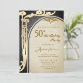 エレガントなアールヌーヴォー ブラック&ゴールド フラワー バースデー 招待状 (スタンド正面)