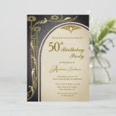 エレガントなアール・ヌーヴォー ブラック&ゴールド フラワー バースデー 招待状 (スタンド正面)