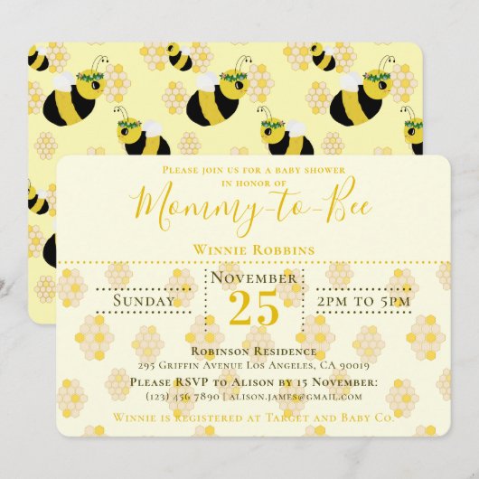エレガントなイエローのハニカム マミー・トゥ・ビー ベイビーシャワー 招待状 (正面/裏面)
