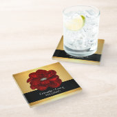 エレガントなイエロー・ゴールド及び黒く赤い花の結婚式 ガラスコースター (アングル)