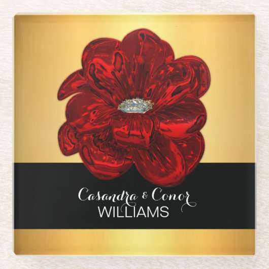 エレガントなイエロー・ゴールド及び黒く赤い花の結婚式 ガラスコースター (正面)