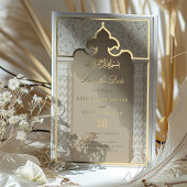 エレガントなイスラム建築の美しさを纏ったセーブ・ザ・デート招待状 箔招待状