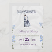 エレガントなイスラム教風 , 青い花 招待状 (正面/裏面)