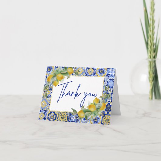 エレガントなイタリアンブルータイル レモン シトラス スクリプト サンキューカード (正面)