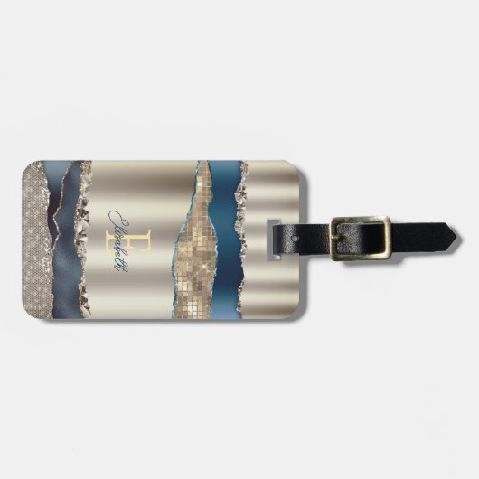 エレガントなインディゴブルーアゲート シークインズ ラゲッジタグ (正面横)