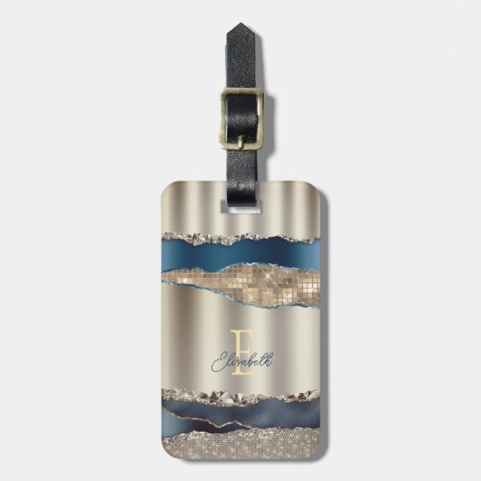 エレガントなインディゴブルーアゲート シークインズ ラゲッジタグ (正面縦)