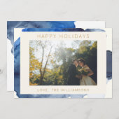 エレガントなインディゴ抽象水彩カップル写真 シーズンカード (正面/裏面)