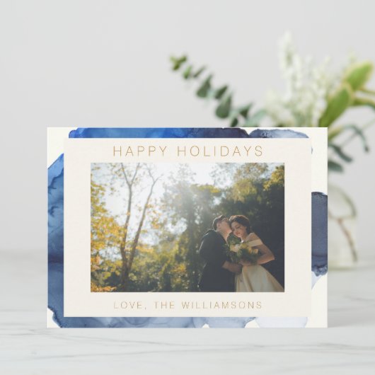 エレガントなインディゴ抽象水彩カップル写真 シーズンカード (スタンド正面)