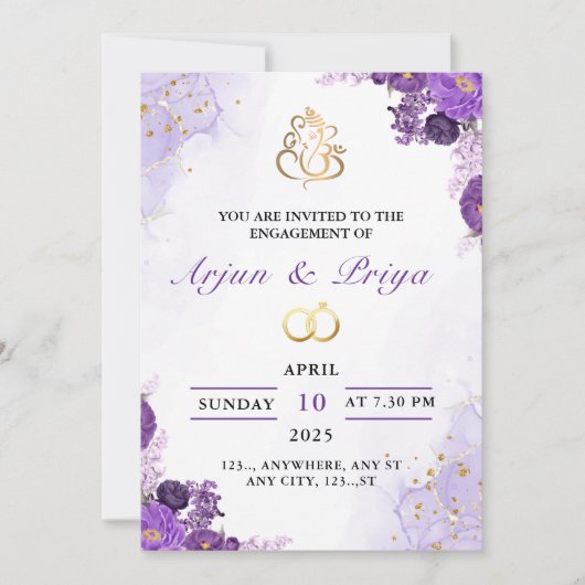 エレガントなインドの紫の花のエンゲージメント招待状 招待状 (正面)