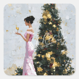 エレガントなインパストの女性とクリスマスツリーの新年デザイン スクエアシール