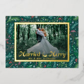 エレガントなウィンターフローラル 結婚しました＆楽しい写真 箔シーズンカード (正面)