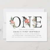 エレガントなウィンター フラワーの1歳誕生日パーティー 招待状 (正面)