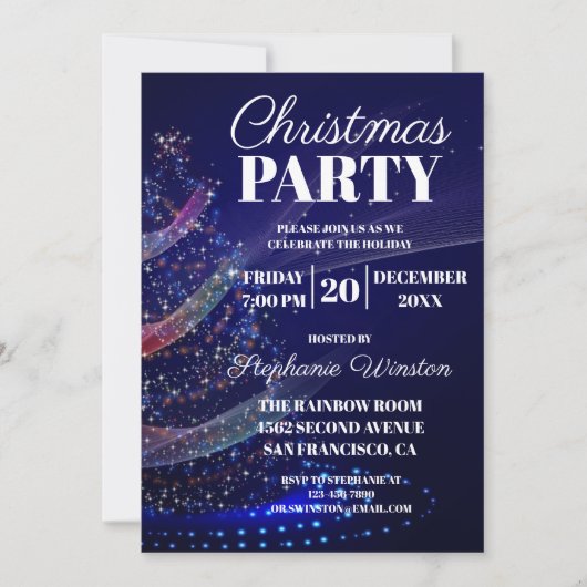 エレガントなウィンター ブルー クリスマス ツリー ライト 招待状 (正面)