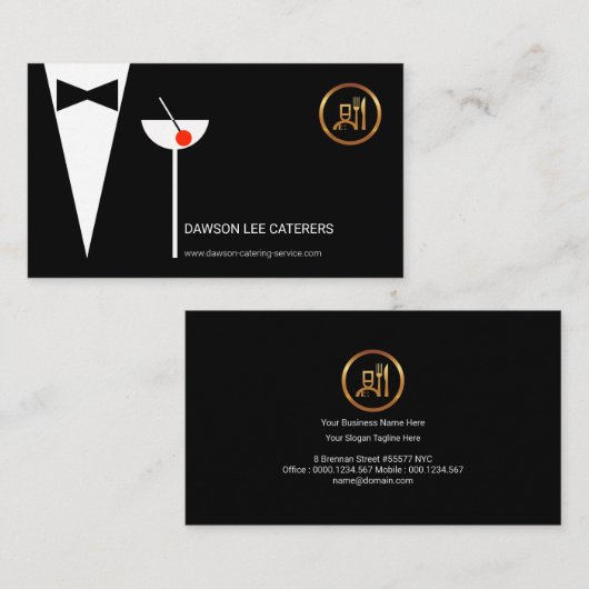エレガントなウェイターのタキシードのシンプルなマルティーニガラスのシェフ 名刺 (正面/裏面)