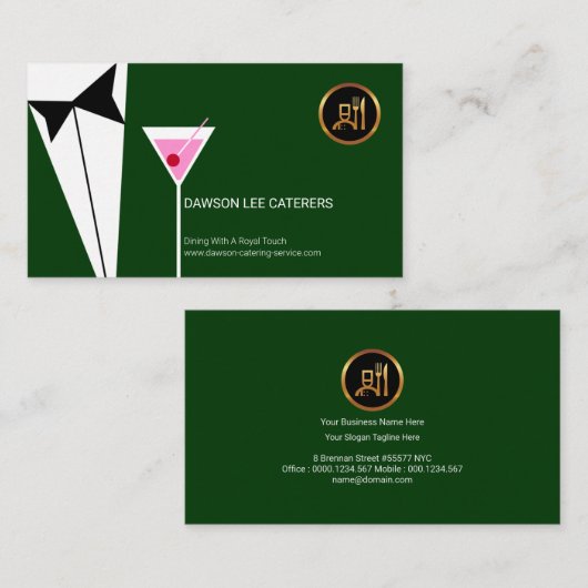 エレガントなウェイターの緑のタキシードのスーツのマルティーニガラス 名刺 (正面/裏面)