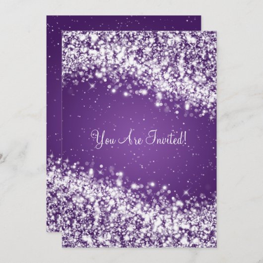 エレガントなウェディングきらめくウェーブパープル 招待状 (正面/裏面)