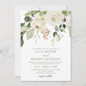 エレガントなウェディングの葉の緑の金ゴールド白フローラ 招待状 (正面)