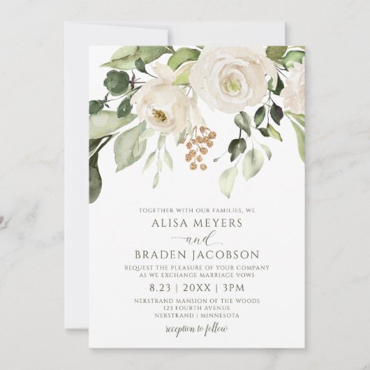 エレガントなウェディングの葉の緑の金ゴールド白フローラ 招待状 (正面)