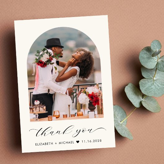 エレガントなウェディングアーチ型フォトクリーム サンキューカード