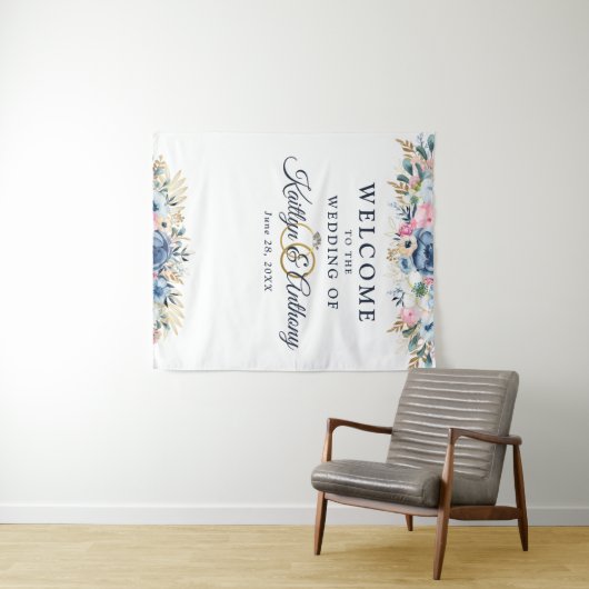 エレガントなウェディングウェルカムウォーターカラーフローラ タペストリー (インサイチュ(横))