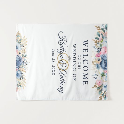 エレガントなウェディングウェルカムウォーターカラーフローラ タペストリー (正面(横))