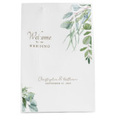 エレガントなウェディングウェルカムギフトリーフ金ゴールド文字 ミディアムペーパーバッグ (正面)