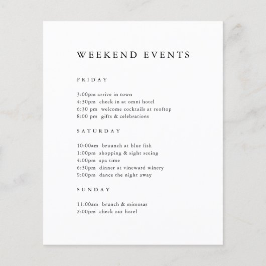 エレガントなウェディングウェルカムレターのタイムライン (裏面)