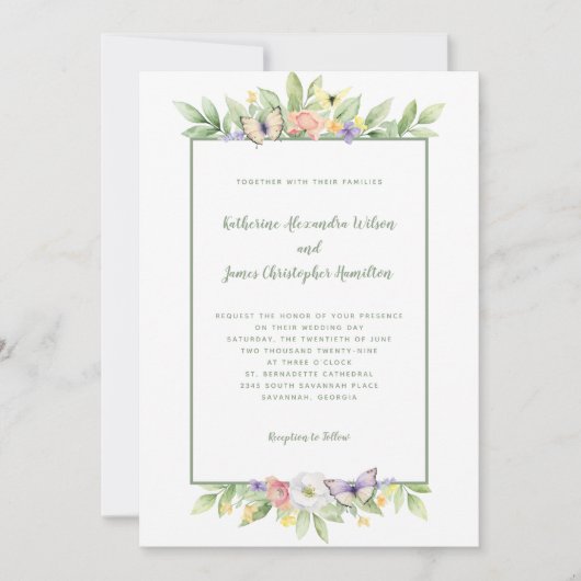 エレガントなウェディングウォーターカラーフローラバタフライグリーン 招待状 (正面)