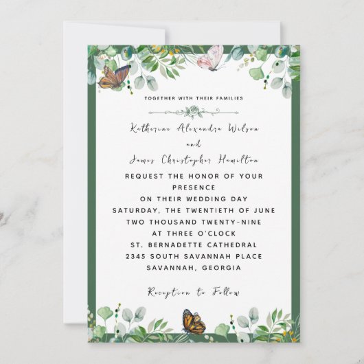 エレガントなウェディングウォーターカラーフローラバタフライグリーン 招待状 (正面)