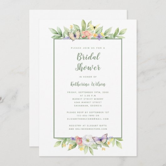 エレガントなウェディングウォーターカラーフローラバタフライグリーン 招待状 (正面/裏面)