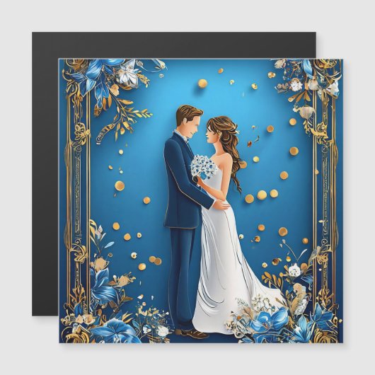 エレガントなウェディングカップルとフローラフレーム マグネット招待状 (正面/裏面)