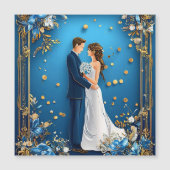 エレガントなウェディングカップルとフローラフレーム マグネット招待状 (正面)