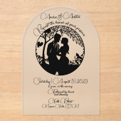 エレガントなウェディングカップルのシルエット枠ブラック アクリル招待状 (正面)