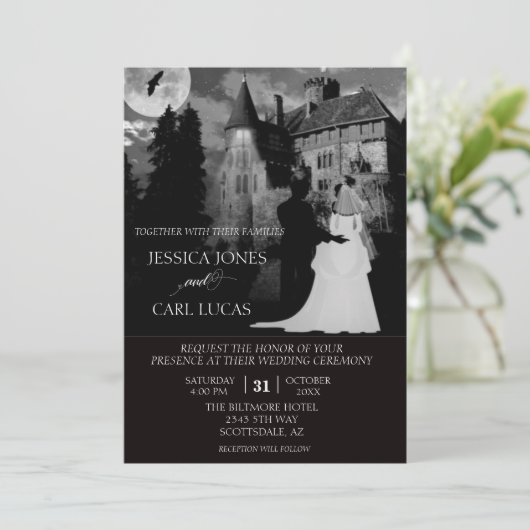 エレガントなウェディングカップルのハロウィーンキャッスルハウス 招待状 (スタンド正面)