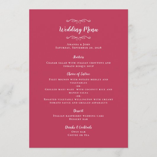 エレガントなウェディングカリグラフィマゼンタゲストディナー メニュー (正面)