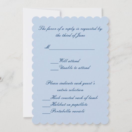 エレガントなウェディングガウン青の応答カード 招待状 (裏面)