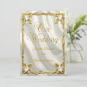 エレガントなウェディングクリームホワイトフォックスシルクゴールドダイヤモンド 招待状 (スタンド正面)
