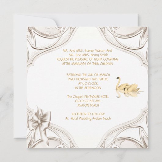 エレガントなウェディングクリーム金ゴールドホワイトスワンスボウセット 招待状 (裏面)