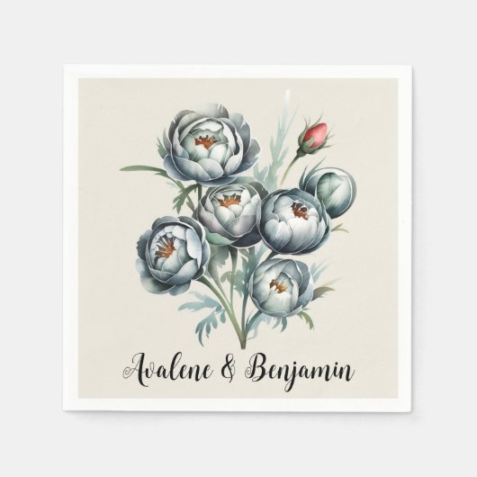 エレガントなウェディンググリーンとグレーブーケ スタンダードカクテルナプキン (正面)