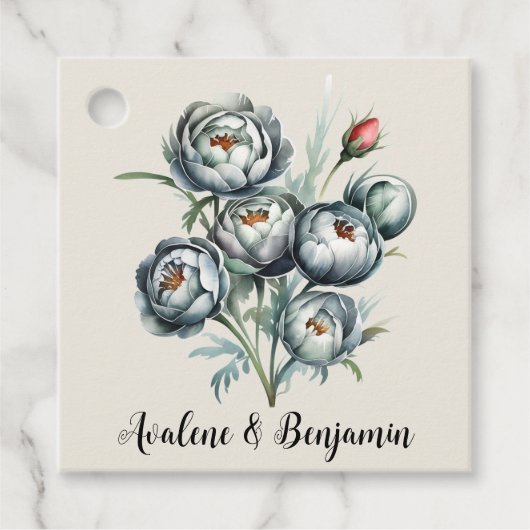 エレガントなウェディンググリーンとグレーブーケ フェイバータグ (正面)