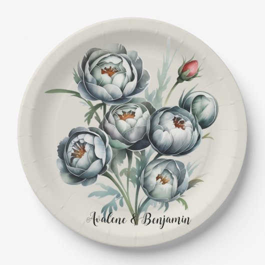 エレガントなウェディンググリーンとグレーブーケ ペーパープレート (正面)