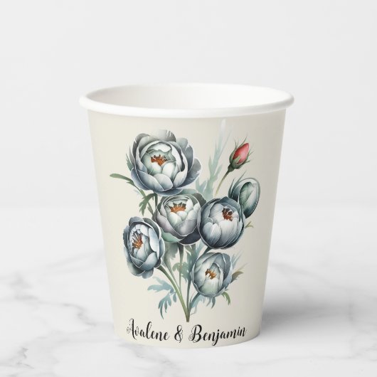 エレガントなウェディンググリーンとグレーブーケ 紙コップ (正面)