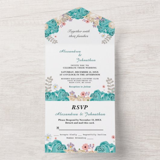 エレガントなウェディンググリーンベージュバラ花 オールインワン招待状 (内側)