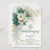 エレガントなウェディンググリーン ホワイト ゴールド フラワーズ 招待状 (正面)